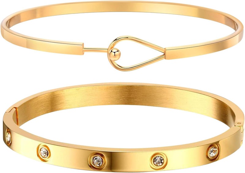 MPRAINBOW Gold Bracelets for Women, 2Pcs 18K Gold Plated Cubic Zirconia Bangle Crystal Friendship Bracelet Jewelry,Wedding Party Christmas Birthday Gifts for Her Girlfriend Sister Daughter - Image 1